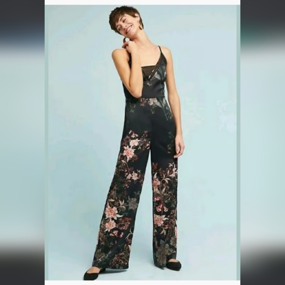 Anthropolgie Adelyn Rae Rosanna Floral Black Formal Jumpsuit Medium Large